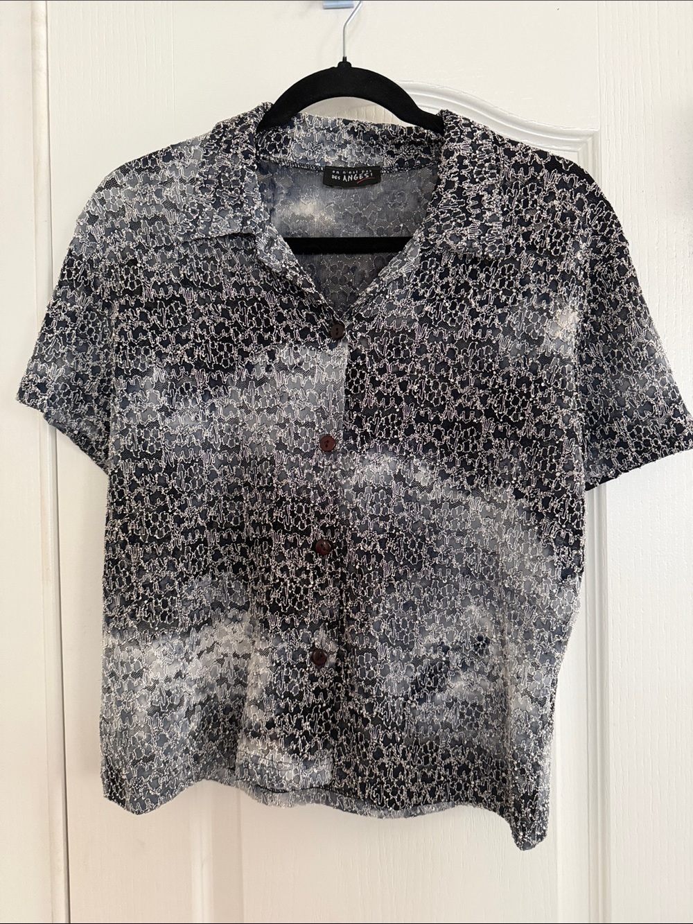 Made in France!!!  Black & White Short-Sleeve Button Down Textured Shirt